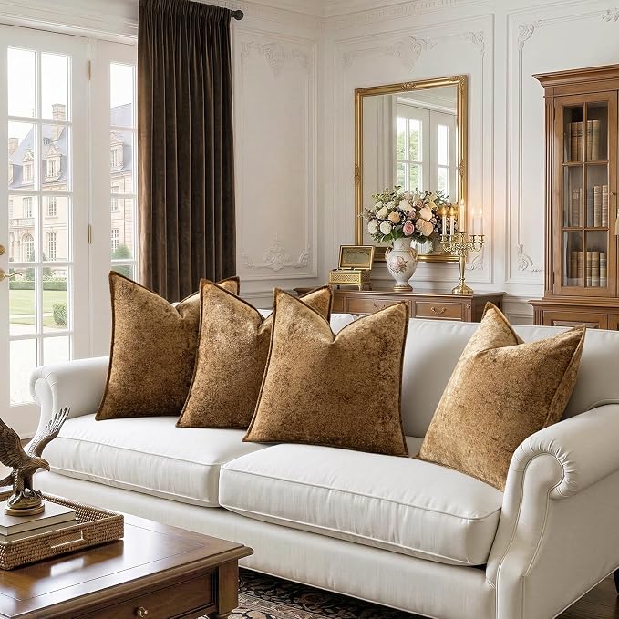 a moment Throw Pillow Covers 26X26 Inch 4 Packs,Soft Velvet Decorative Pillow Cases with 3D Ice Flower,Texture Modern Accent Cushion Covers for Sofa Couch Home Decor Golden Brown