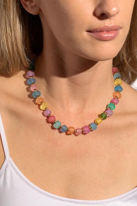 Chunky Frosted Sea Glass Beaded Necklace for Women - Handmade Recycled Glass, 18K Gold Plated or Silver Toned Stainless Steel, Adjustable 16-18 inch Boho Statement Necklace