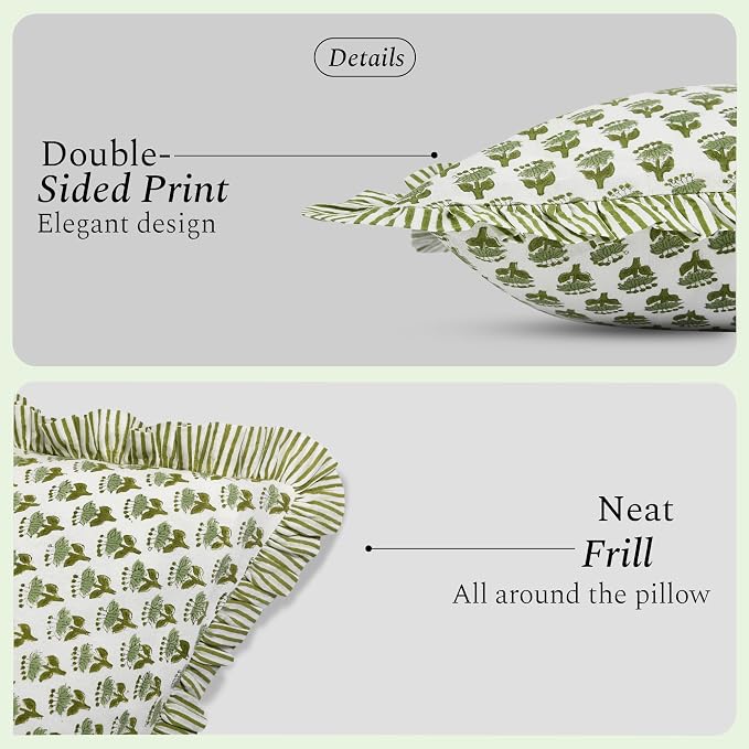 CPC Block Print Ruffle Throw Cover Emerald Green 16"x16" Inch Pack of 2-100% Cotton Ruffle Couch Decorative Boho Pillows Case for Living Room, Bedroom, Sofa, Farmhouse Gift for Spring, Mother's Day