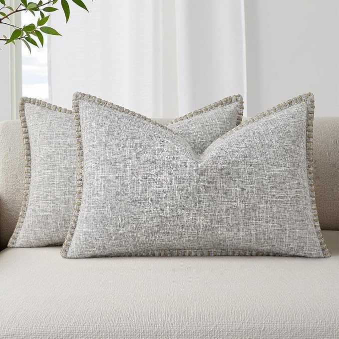 decorUhome Fog Gray Faux Linen Outdoor Throw Pillow Covers 12x20 Set of 2 | Fall Decorative Textured Neutral Modern Farmhouse Pillow Covers with Stitched Edge for Couch Sofa Bed Living Room