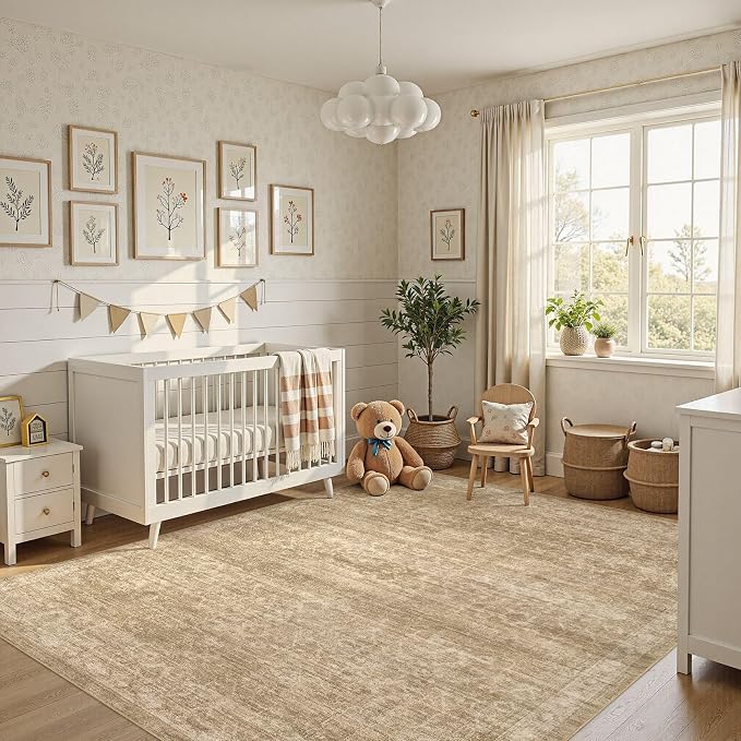 Nakagishi 6x9 Area Rugs Living Room: Washable Large Vintage Rug Neutral Non-Slip Soft Stain Resistant Indoor Carpet for Bedroom Nursery Dining Room Office Playroom - Dark Brown