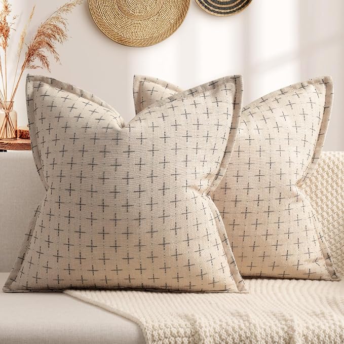 ZWJD Pillow Covers 16x16 Set of 2 Soft Polyester Textured Pillow Covers with Stylish Flange Edge Cozy Farmhouse Throw Pillows for Couch Bed Sofa Living Room