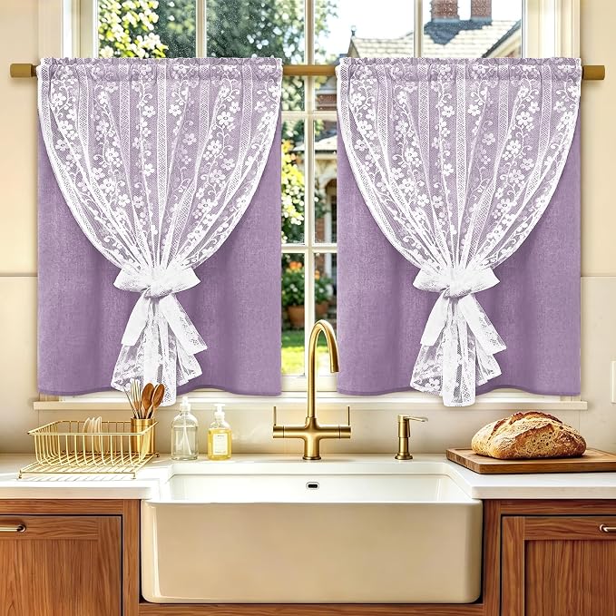ASPMIZ Linen Kitchen Curtains Double Layer Kitchen Window Curtains Over Sink 36 Inch Length Purple Tier Curtain Light Filtering, Rod Pocket Cafe Curtain Short Window Treatments with 2 Tiebacks, 26x36