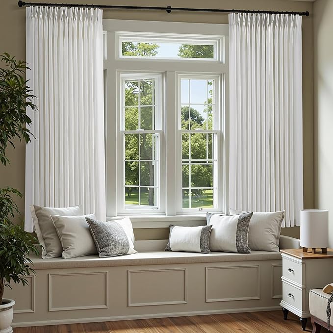 Beige White Pinch Pleated Semi Sheer Curtains 63 Inch Length 2 Panels for Small Windows Privacy Light Filtering Linen Curtains Cream Beige Neutral Boho Memory Shape Trained Window Drapes