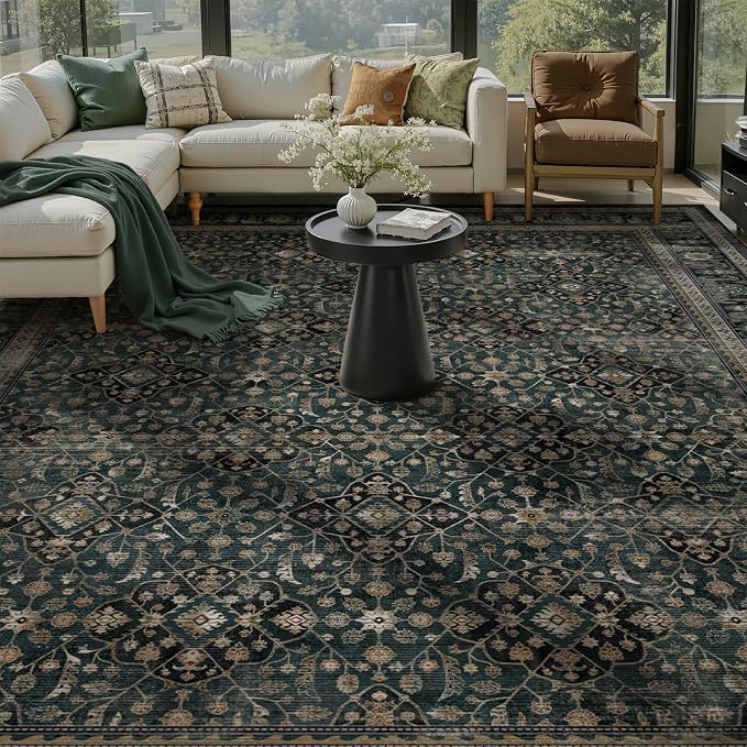 Large Area Rugs 9x12 Living Room, Vintage Floral Trellis Colorful Accents Bedroom Rug, Ultra Thin Non Slip Carpet Rug for Dining Room Under Table/Family Room/Guest Room