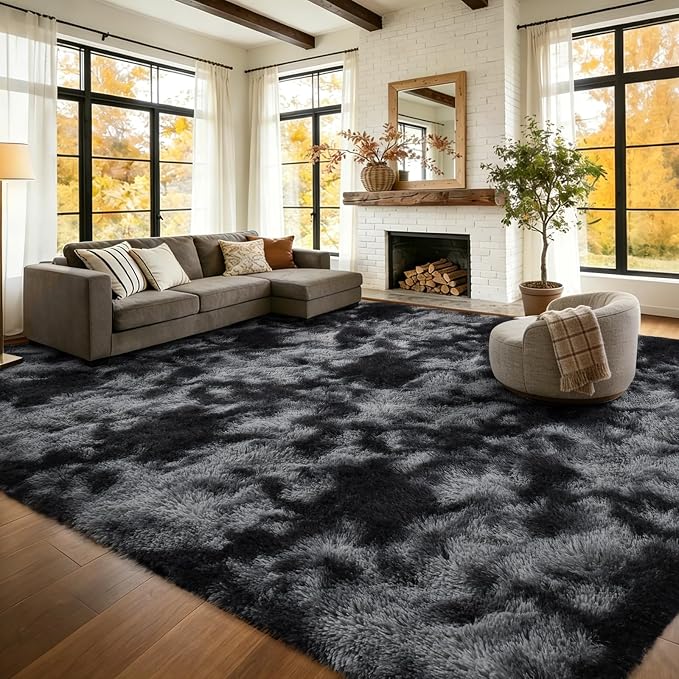 9x12 Extra Large Area Rugs for Living Room, Shaggy Non-Slip Tie-Dyed Rugs for Bedroom Kids Playroom Dorm Room, High Pile Ultra Soft Carpet, Dark Grey
