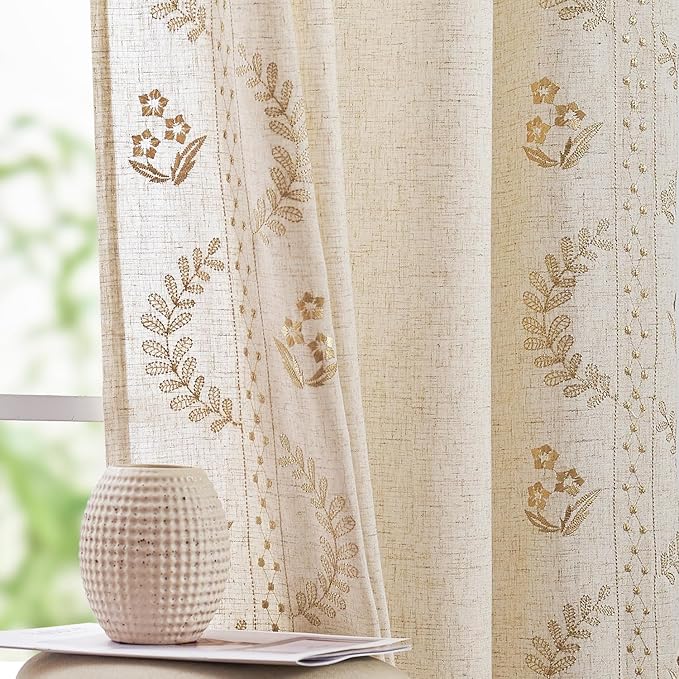 jinchan Floral Linen Curtains 84 Inch Farmhouse Back Tab 2 Panels Beige | Embroidered curtains,boho curtains,living room,bedroom,light filtering,privacy,flower patterned drapes,window treatment