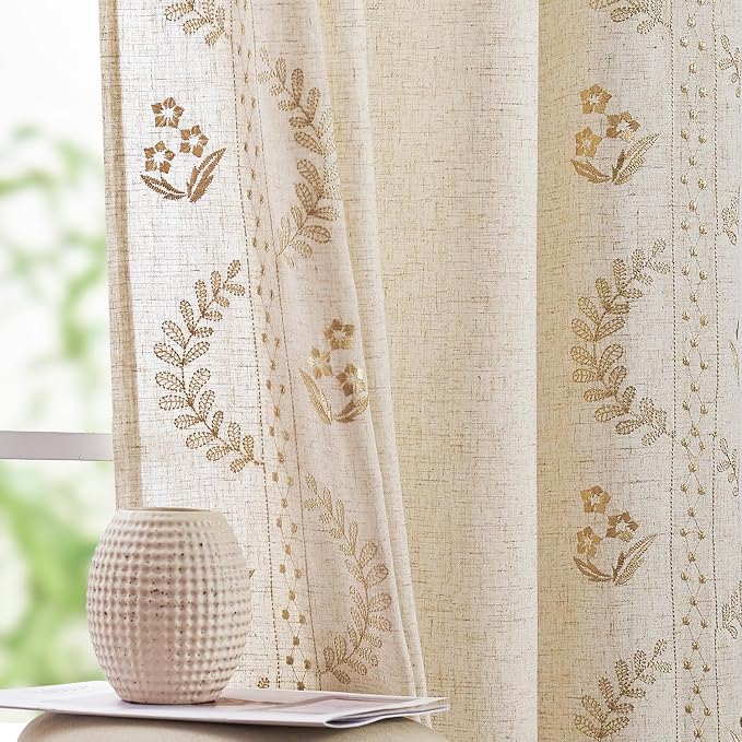 jinchan Floral Linen Curtains 84 Inch Farmhouse Back Tab 4 Panels Beige | Embroidered curtains,boho curtains,living room,bedroom,light filtering,privacy,flower patterned drapes,window treatment