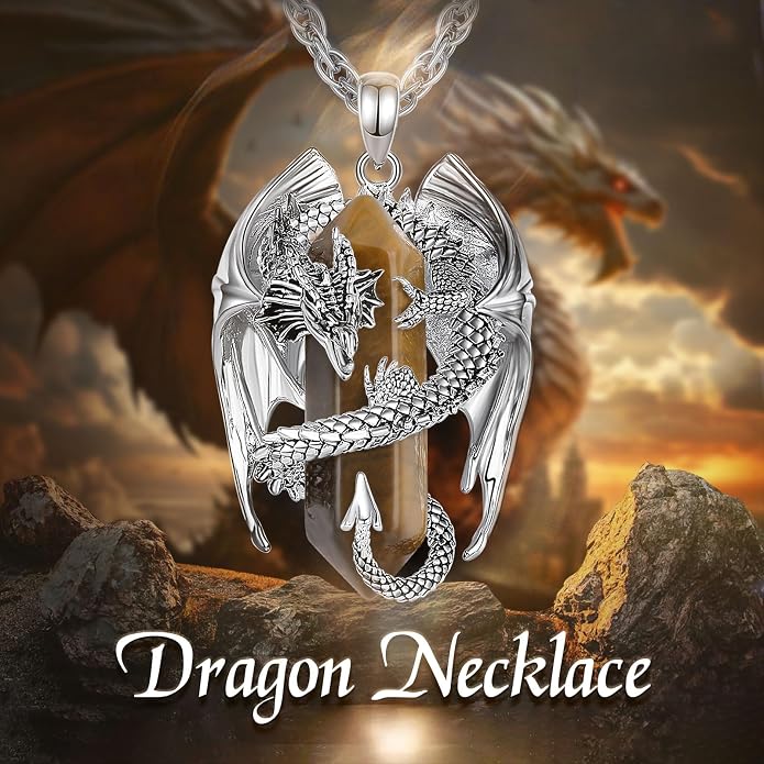 INFUSEU Unique Dragon Necklaces with Healing Crystal Stone for Men Women, Personalized Spiritual Gifts, 24 Inch Chain