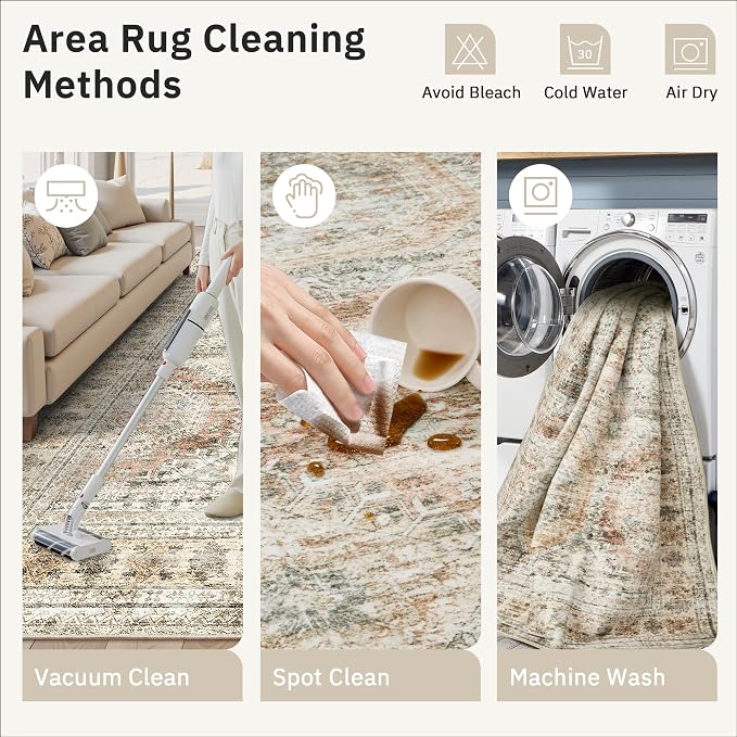 Soalmost 10x14 Area Rugs for Living Room, Non Slip Machine Washable Vintage Rugs, Low Pile Lightweight Large Rug for Bedroom, Dining Room, Home Office Brown Pink