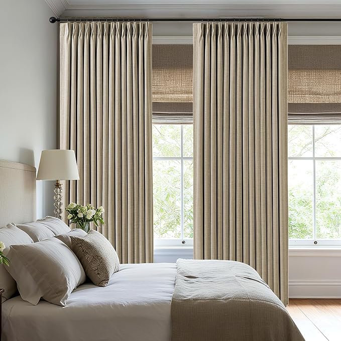 Pinch Pleated Curtains 100% Blackout Linen Curtains 102 Inches Long for Bedroom Living Room, Sand Color Memory Trained Thermal Insulated Room Darkening Window Drapes with Hooks 2 Panels 40"Wx102"L