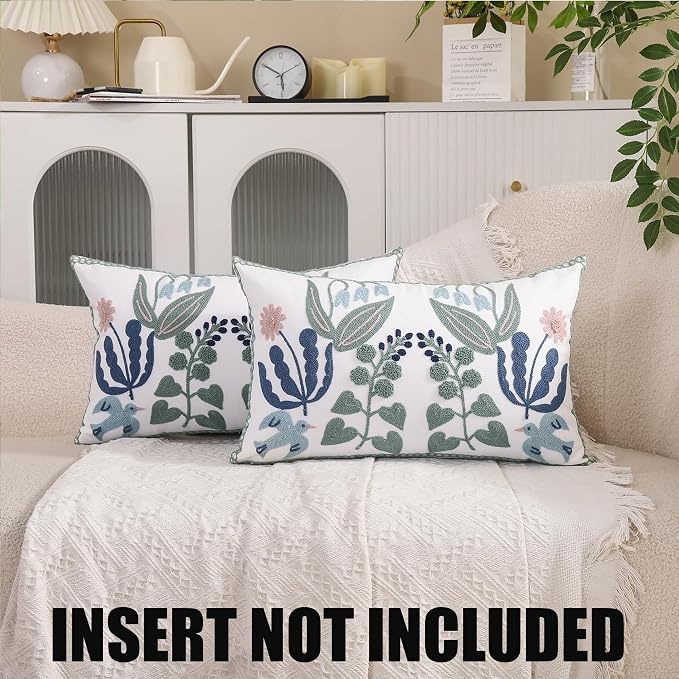Embroidered Throw Pillow Covers 12x20 inch Set of 2 Green Leaves with Birds Floral Tufted Pillowcases Summer Decorative Coastal Pillow Cushion Cases Lumbar Navy Blue Flower Pillow Case
