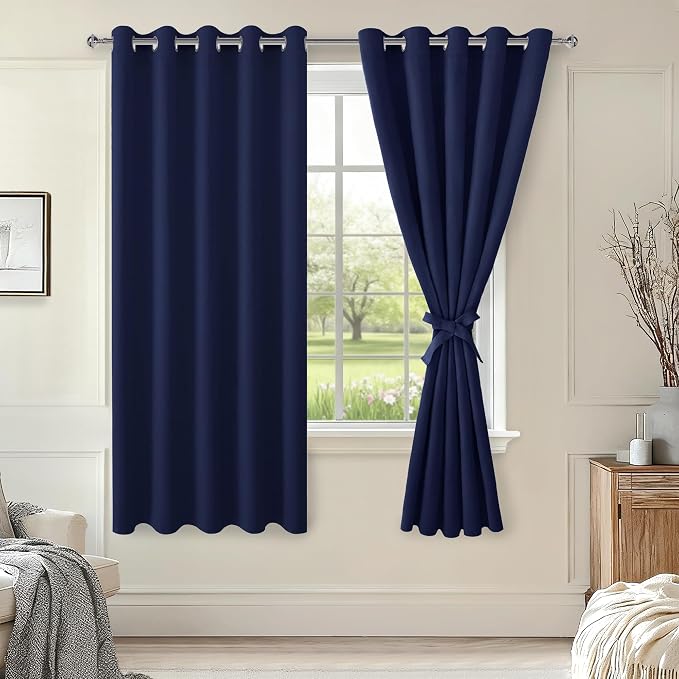 Hiasan Grommet Blackout Curtains for Bedroom, 60 x 72 Inches - Thermal Insulated & Light Blocking Window Drapes for Living Room/Dorm Room, Set of 2 Panels Sewn with Tiebacks, Navy Blue