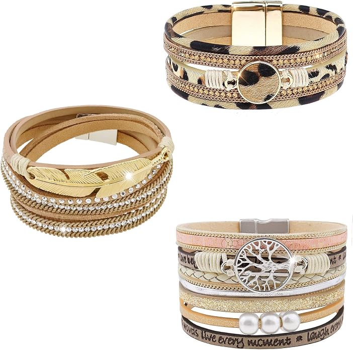 Wowanoo 3Pack Leather Cuff Bracelet Set Multilayer Wrap Bracelet Crystal Feather Tree Bracelet Magnetic Clasp Bracelet for Women
