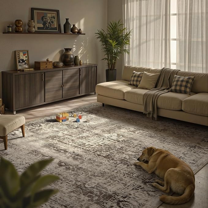 Lahome Margot Beige Washable Rugs for Living Room 8 x 10 Large Living Room Rug Indoor Carpet, Boho Vintage Distressed Non Slip Low Pile Bedroom Carpet for Dining Room Office Playroom (8x10, Beige)