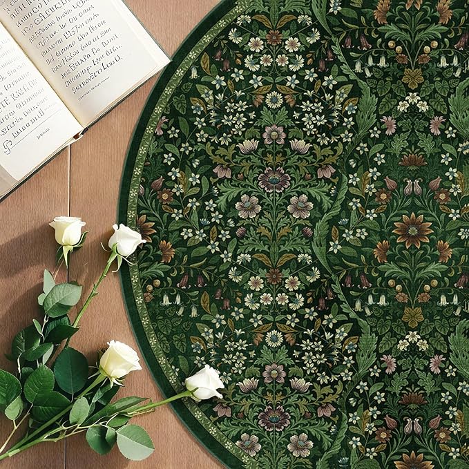Round Rug 7ft Dark Green Washable Floral Circle Rug,Vintage Boho Botanical Round Area Rugs, Non-Slip Soft Low-Pile Circular Carpet for Bedroom,Kids Room,College Dorm,Home Decor