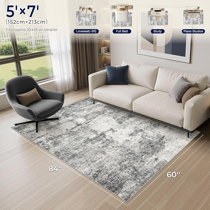 DMOYEST 5x7 Area Rug - Washable & Non Slip Indoor Rug for Living Room, Kid & Pet Friendly Abstract Low Pile Soft Carpet for Bedroom and Dining Room - Grey