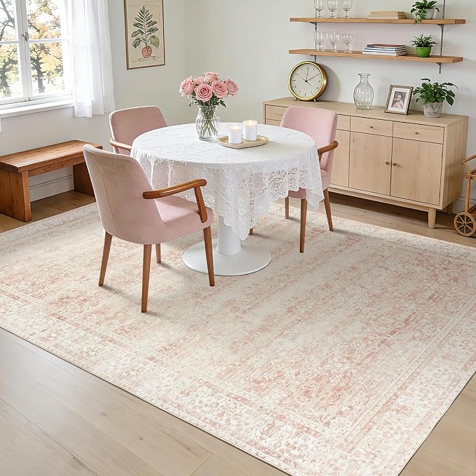 BILEEHOME Pink Washable 9x12 Area Rugs for Living Room Big Girls Bedroom Blush Pink Low Pile Soft Non Slip Neutral Boho Floral Extra Large Area Rug for Nursery Playroom Dining Room,9 by 12