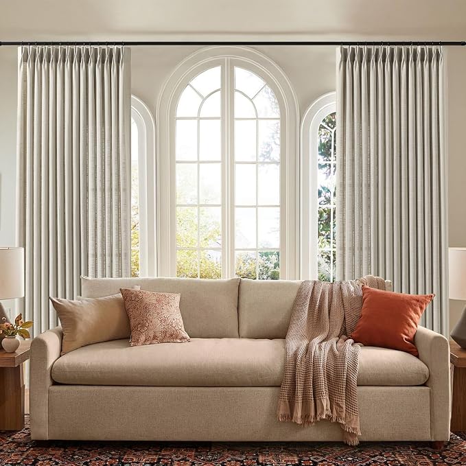 IVAPUPU Pinch Pleated Linen Curtains Extra Wide 70 x 84 Inches Long for Living Room, Farmhouse Sheer Curtain Light Filtering Drapes Memory Trained Ceiling Curtain with Hooks, Burlywood Birch, 1 Panel
