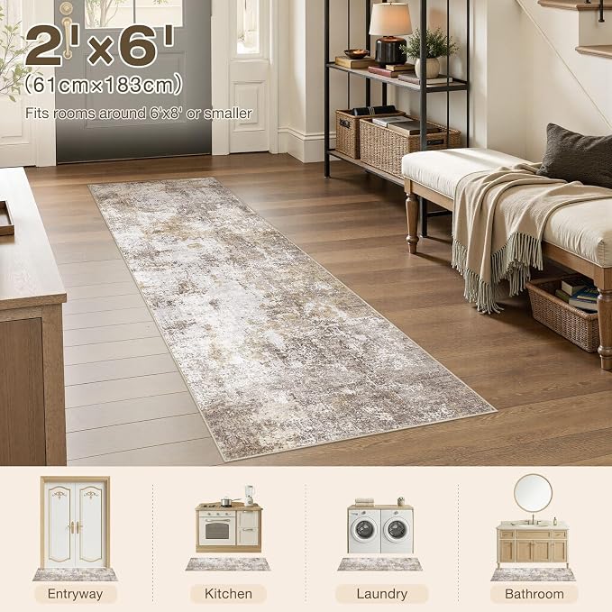 Machine Washable Runner Rug 2x6, Non Slip Soft Rug for Hallway | Modern Abstract Carpet, Stain Resistant and Pet Friendly, Joint-Friendly Indoor Rug, Made for Kitchen, Bathroom - Gold Brown