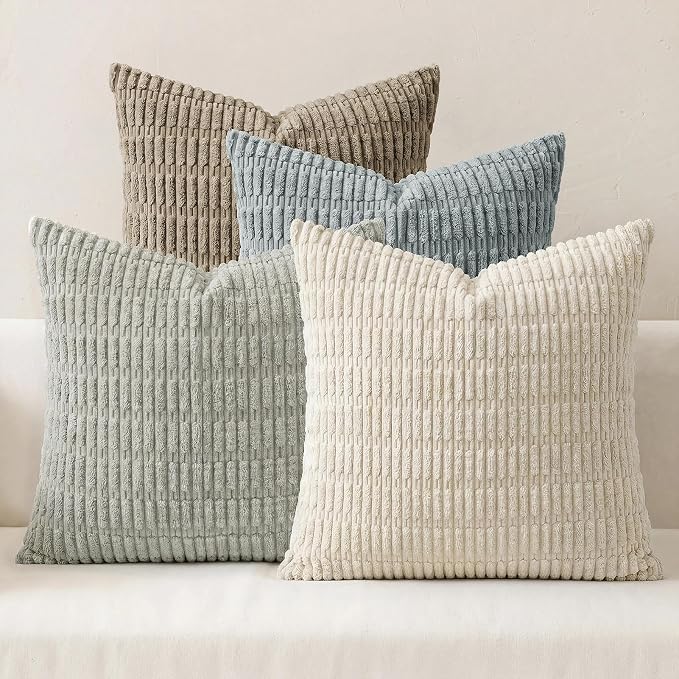 Softalker Throw Pillow Covers 20x20 Inch, Set of 4, Corduroy Soft Striped Farmhouse Boho Pillow Cover, Modern Decorative Cushion Pillow Case for Couch Sofa Bedroom Living Room, Grey/Beige