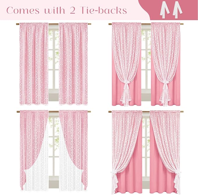 ASPMIZ Pink Curtains for Living Room Double Layer Curtains with Linen Lace, Linen Curtain for Girls Bedroom Farmhouse Window Curtain 84 inch Length 2 Panels, Rod Pocket Drapes with 2 Tiebacks, 52x84