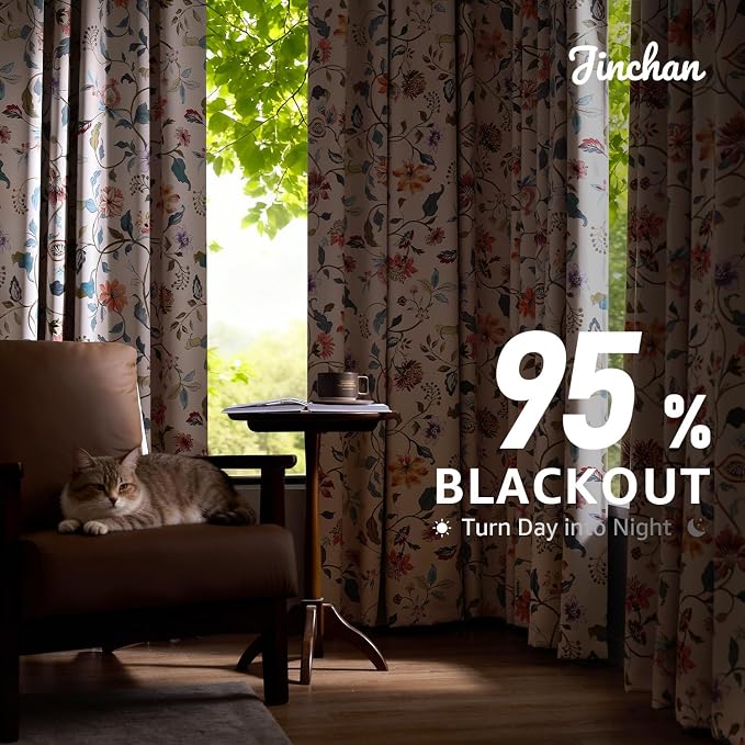 jinchan Beige Floral Blackout Curtains 96 Inch Back Tab 2 Panels Set | Room darkening, cream elegant vintage farmhouse drapes, botanical floral print, bedroom, living room, window treatment