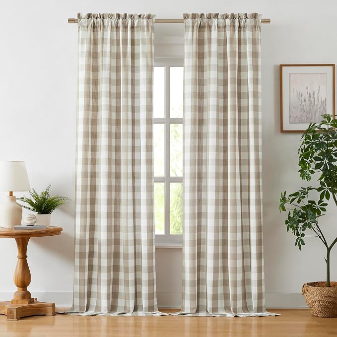 Beige Buffalo Plaid Semi Sheer Curtain Panels 84 Inches Long | Tan Buffalo Gingham Rustic Farmhouse Style,Yarn Dyed Window Treatment Bedroom Living Room,Rod Pocket,2 Panels,40"Wx84"L