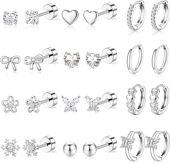 Hypoallergenic 14K Gold Stud Earrings Set for Women Surgical Stainless Steel Flat back Earrings Small Gold Huggie Hoop Earring for Sensitive Ears Screw Back Cartilage Piercing Jewelry