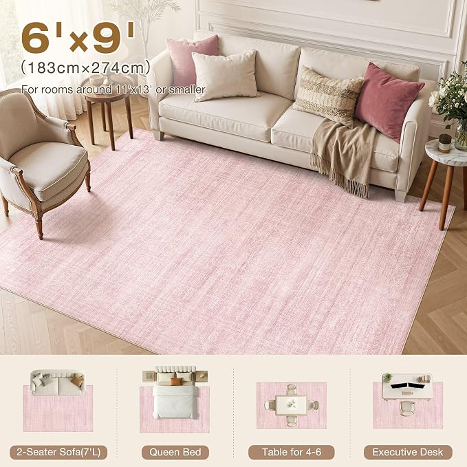 Nakagishi 6X9 Area Rugs Living Room: Washable Large Vintage Rug Neutral Non-Slip Soft Stain Resistant Indoor Carpet for Bedroom Nursery Dining Room Office Playroom - Pink