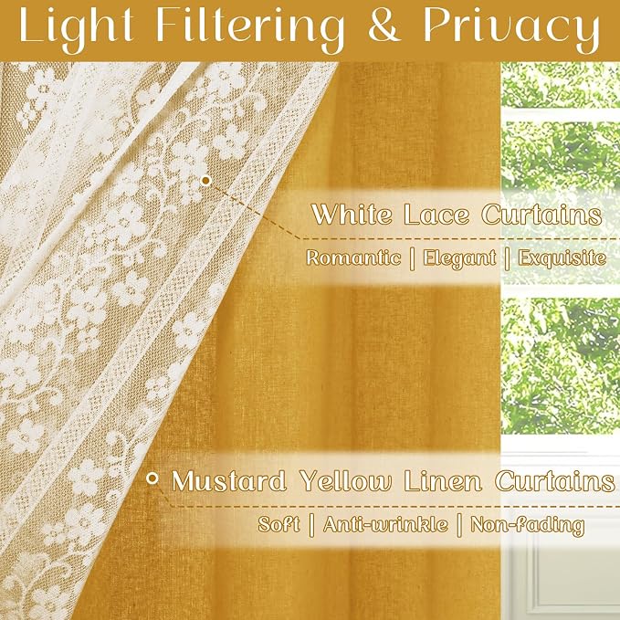 ASPMIZ Linen Kitchen Curtains Double Layer Kitchen Window Curtains Over Sink 24 Inch Mustard Yellow Tier Curtain Light Filtering Rod Pocket Cafe Curtain Short Window Treatments with 2 Tiebacks, 26x24