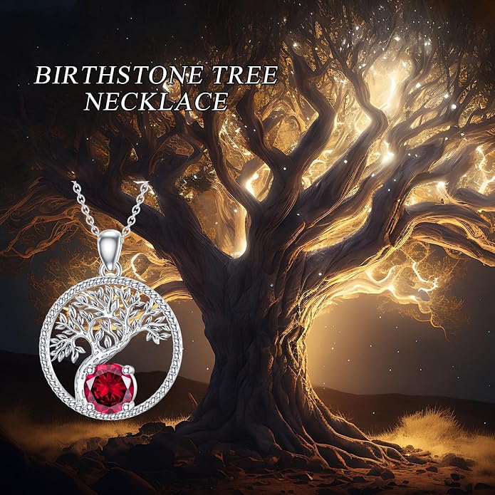 LONAGO Birthstone Tree of Life Necklace Sterling Silver Tree Pendant Necklace Gift for Women