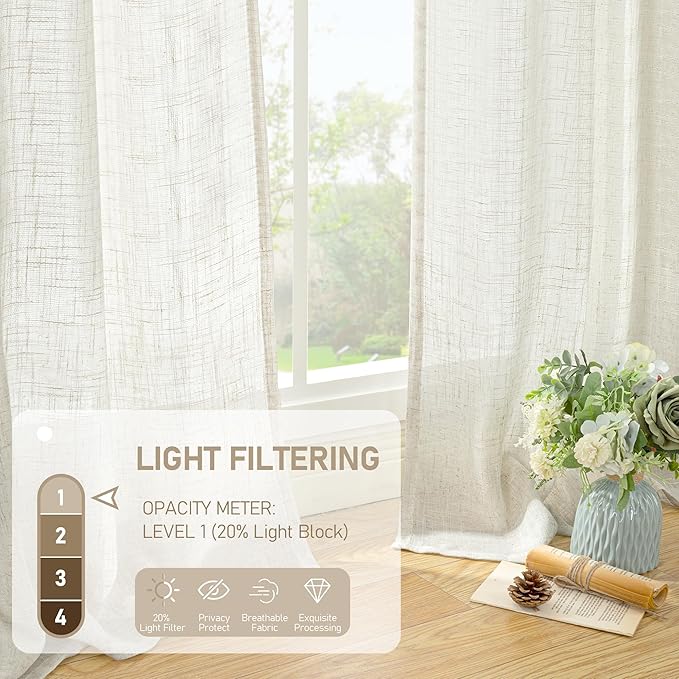 LAMIT Ivory 90 Inches Long Linen Sheer Curtains for Living Room, Back Tab and Rod Pocket Natural Curtains Light Filtering Boho Panels for Bedroom/Dining Room, Set of 2, 52 x 90 Inch