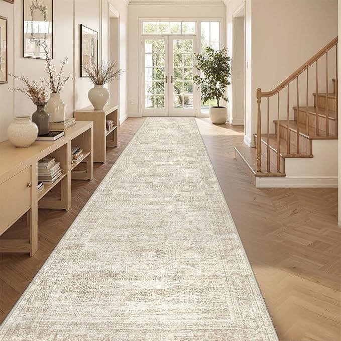 3x16 Runner Rug Non Slip,Washable Hallway Runner Rug,Beige | 16ft Runner Rug for Hallway,Entryway,Bedroom,Living Room,Thin,Soft, Extra Long Rug,Stain Resistant Indoor Carpet