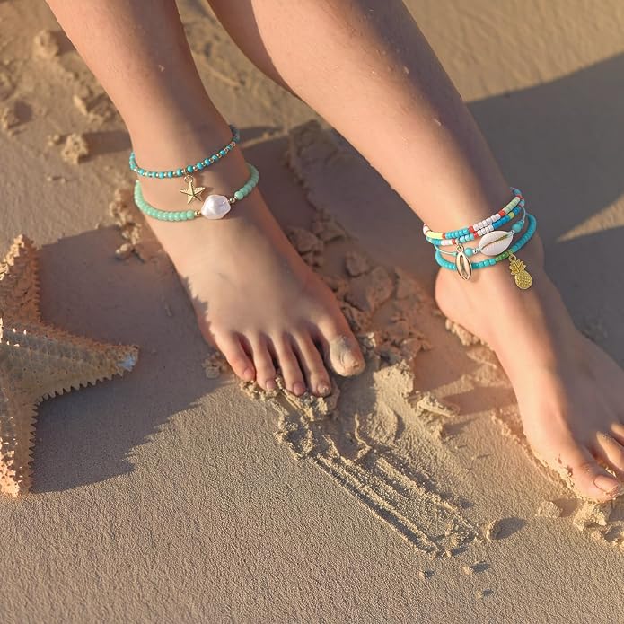 Junkin Boho Beaded Anklets for Women Girls African Multicolor Layered Ankle Bracelet adjustable Summer Hawaii Beach Foot Chain