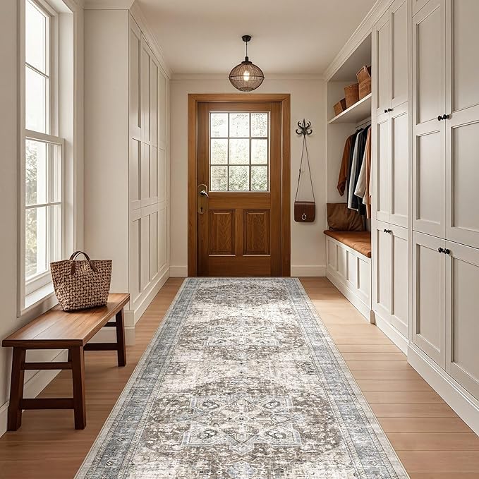 Tortania Area Rug 2x6 Runner Rugs - Washable Vintage Oriental Farmhouse Thin Indoor Carpet for Living Room Bedroom Hallway Entryway Kitchen Under Dining Table Home Office - Brown Blue