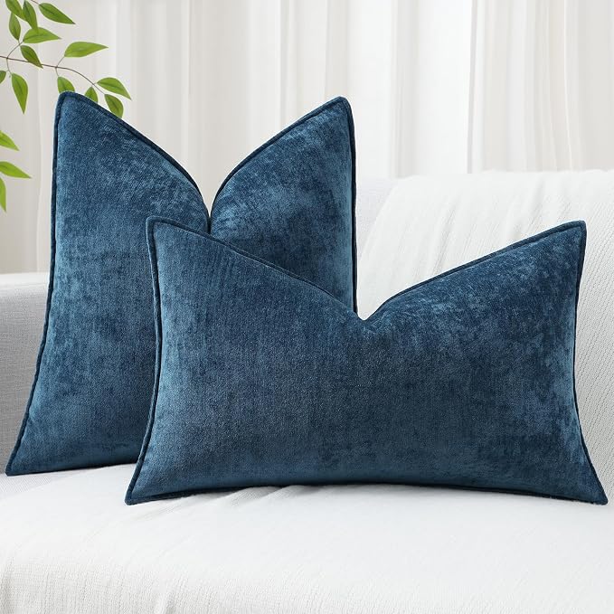 decorUhome Chenille Poseidon Velvet Throw Pillow Covers 12x20 Set of 2 | Fall Soft Lumbar Couch Decorative Modern Farmhouse Pillow Cases with Elegant Design for Sofa Bed Living Room Home Decor