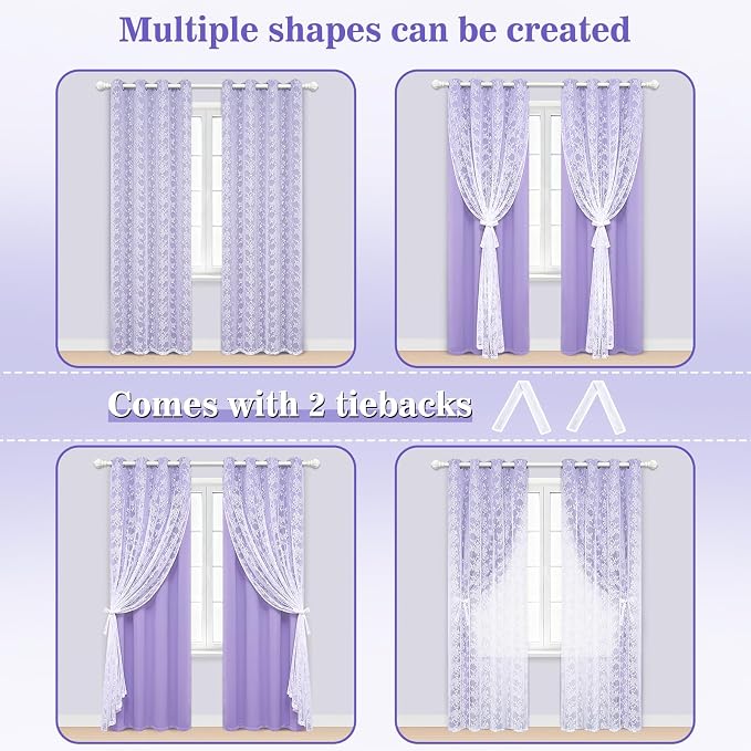 Yinhua Purple Curtains for Girls Room Double Layer Blackout Curtains for Bedroom 84 Inches Long Nursery Curtain for Living Room, Grommet Drapes with Tiebacks, 52" W x 84" L