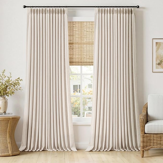 MIULEE Pinch Pleated Thick Linen Curtains 108 Inches Length 2 Panels for Living Room Bedroom, Extra Long Pinch Pleat Drapes Back Tab Light Filtering Cream Ivory Foor to Ceiling Curtains with Hooks
