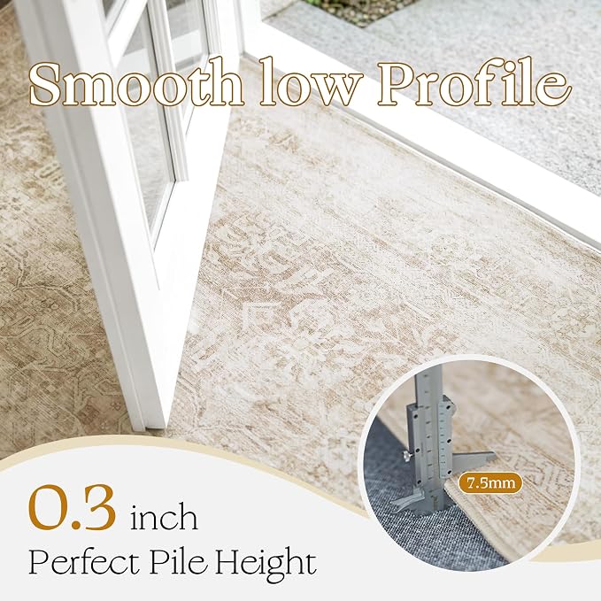 Beauoop 8x10 Washable Beige Neutral Vintage Large Area Rug for Living Room | Distressed Oriental Retro Traditional Non Slip Low Pile Thin Soft Indoor Rug Cream Pattern Bedroom Dining Room Office Nursery