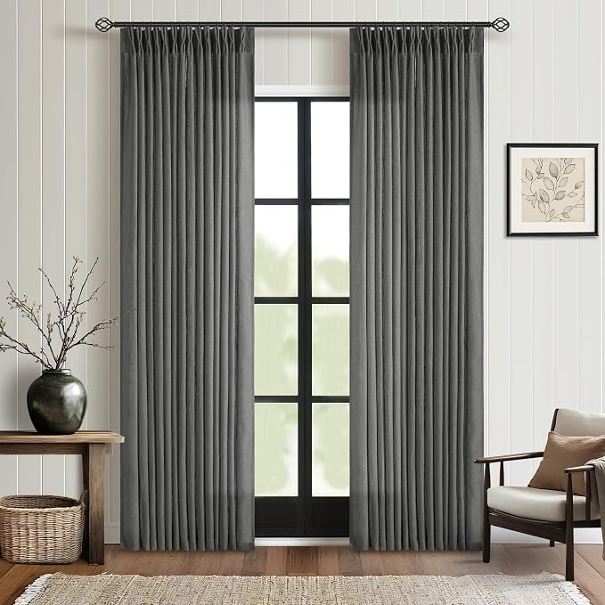Dark Grey 80 Inch Pinch Pleated Linen Semi Sheer Curtains 2 Panel Set | for Living Room Dining Bedroom Office, Thick Linen Textured, Light Filtering, Pinch Pleat Drapes with Back Tab, Charcoal Gray