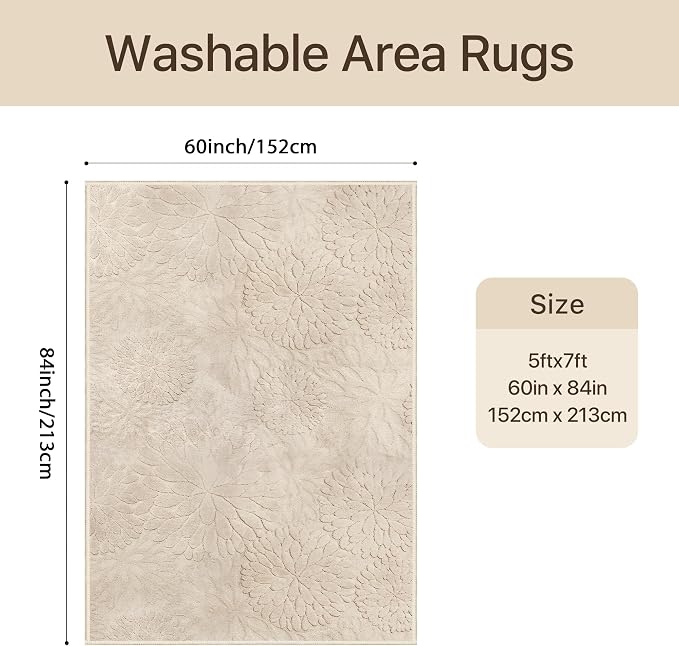 GENIMO Soft Washable Area Rugs 5x7, 3D Modern Floral Rugs for Living Room, High-Low Pile Textured Non Slip Fuzzy Shag Carpet, Non-Shedding Stain Resistant Thin Beige Rugs for Bedroom, Dining Room