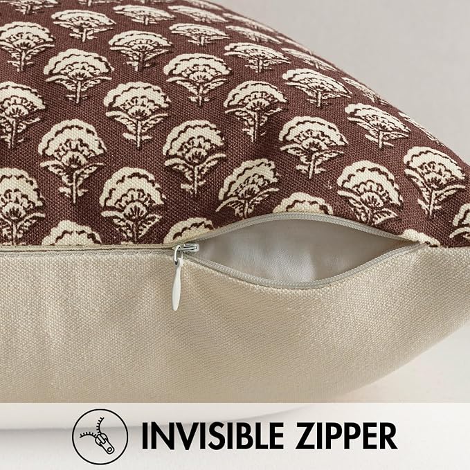 MIULEE Set of 2 Decorative Floral Pillow Covers Neutral Vintage Throw Pillows Block Print Boho Farmhouse Cushion Covers for Modern Spring Home Decor Couch Sofa Living Room, 20x20 Inch, Withered Rose