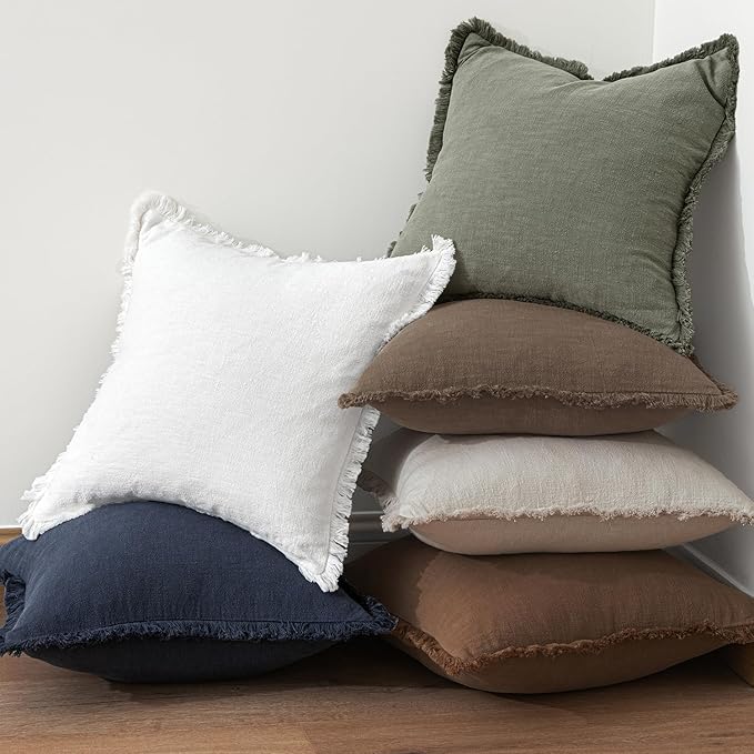 MIULEE Decorative Throw Pillow Covers Neutral Linen Fringe Throw Pillows Set of 2 Late Autumn Boho Farmhouse Cushion Covers for Couch Sofa Bed Living Room Fall Home Decor 20x20 Inch