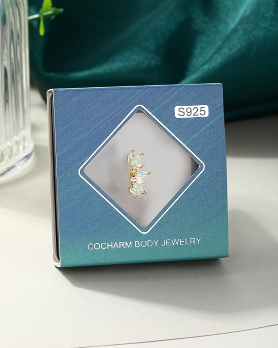 COCHARM 14K Gold Plated Cartilage Earrings Stud 925 Sterling Silver Opal Helix Earrings for Women Internally Thread Flat Back Earrings Heart