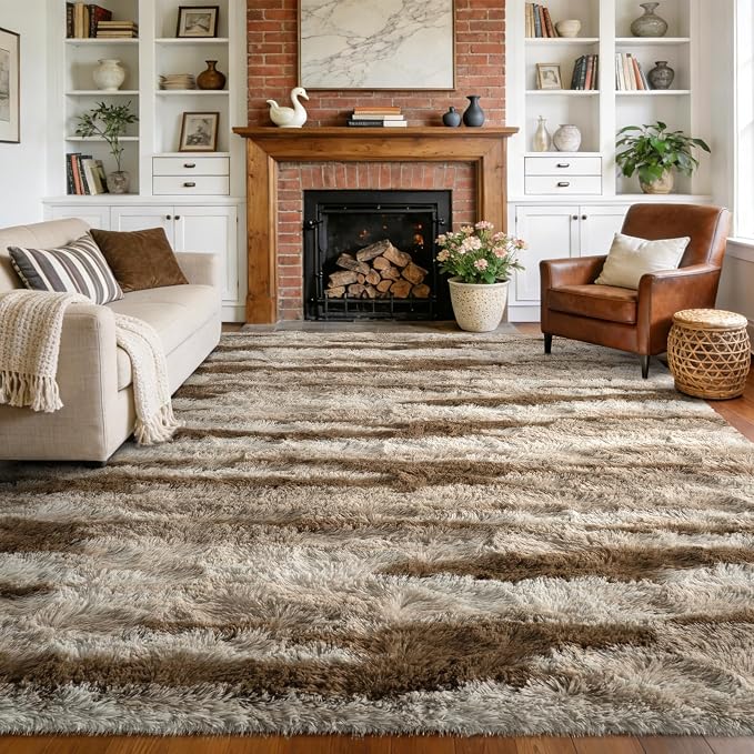 Large Shaggy 6x9 Area Rugs for Living Room Decor, Non-Slip Tie-Dyed Rugs for Bedroom Kids Playroom Dorm Room, High Pile Ultra Soft Carpet, Khaki