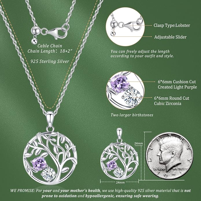 Tree of Life Birthstone Necklace for Women 925 Sterling Silver Birthstone Pendant 12 Months Necklaces with Zircon Birthday Gifts for Women, Mom, Grandma Cable Chain 18"+2"