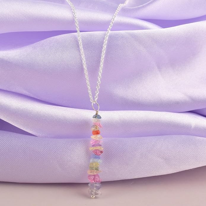 Natural Raw Multi Sapphire Stone Rough Crystal Gemstone Dainty Women Pendant Necklace, Chakra Healing Crystals, Birthstone, Gift, 925 Sterling Silver Chain 18 inch (multi-sapphire)