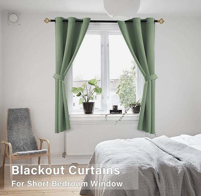 KOUFALL Short Curtains for Kitchen Window Over Sink,Blackout Thermal Cafe Curtain Sage Green 45 Inch Length 2 Panels Set