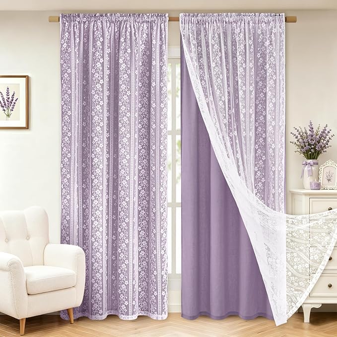 ASPMIZ Linen Curtains for Living Room Double Layer Curtains with Linen Lace, Purple Curtain for Bedroom Light Filtering, Rod Pocket Drapes 63 Inch Length 2 Panels Set with 2 Tiebacks, 52x63